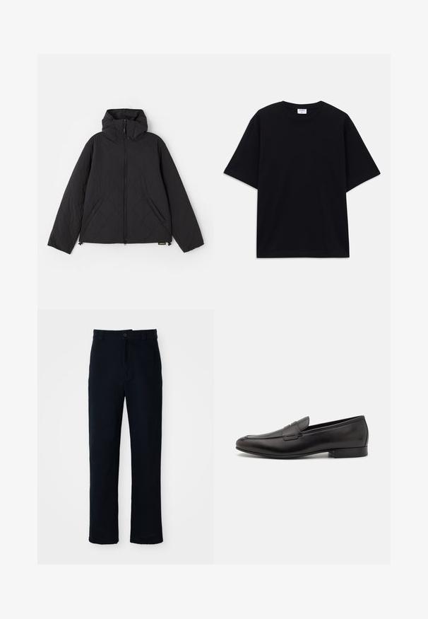 Juodas suktinis švarkas su gobtuvu, turintis priekinius užtrauktukus, šonines kišenes ir lygų paviršių. Dizainas apima bangų pavidalo raštus.; Juodas trumpas rankovėmis per didelis marškinėliai su apvaliu iškirpimu ir matoma Filippa K prekės ženklo etiketė vidinėje apykaklės pusėje.; Tamsiai mėlynos medvilninės kelnės, turinčios tiesioginį kirpimą, priekyje užsegamos mygtuku ir klasikine juosta su dirželio kilpom.; Juodi odiniai loafersai su šiuolaikiniu dizainu, apvaliu smailiu ir žemu pakeltu kulnu. Apatinėje dalyje yra dekoratyvinis siuvinėjimo detalė.