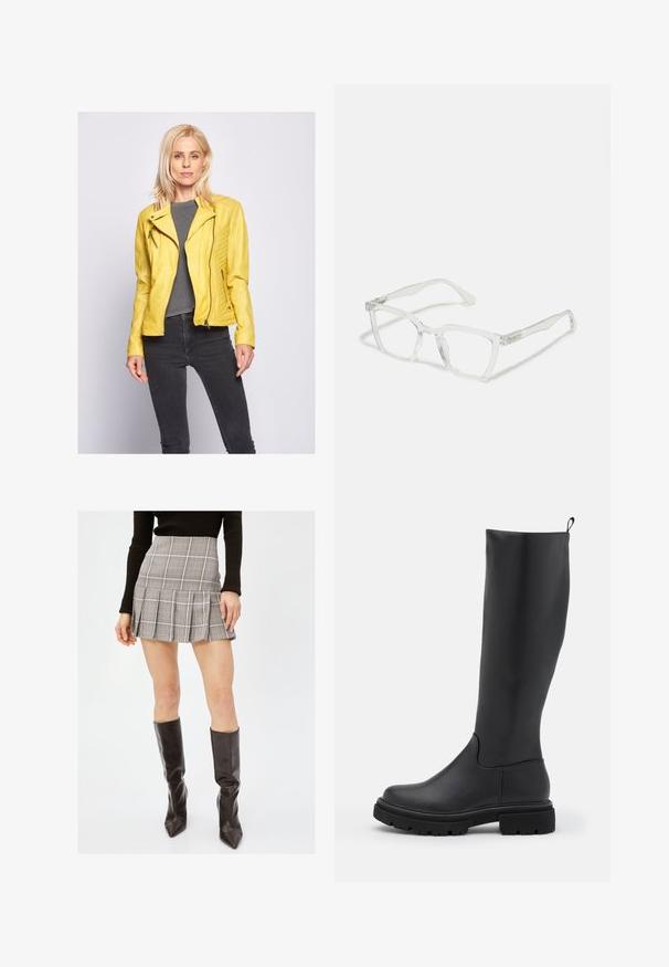 Keltainen nahkainen moottoripyörätakki epäsymmetrisellä vetskarilla, tikatut olkapään yksityiskohdat, yhdistettynä harmaaseen paitaan ja mustiin farkkuihin.; Lyhennetty musta neulepusero, jossa on teksturoitu kangas, pyöreä pääntie ja löysät pitkät hihat.; Harmaa ruudullinen mini-hame, jossa on poimutuksia ja pystysuoria sekä vaakasuoria viivoja mustassa, valkoisessa ja punaisessa. Yhdistetty mustiin polven ylle ulottuviin saappaisiin.; Mustat polven yli ulottuvat saappaat, jotka on valmistettu sileästä, matasta materiaalista. Saappaat ovat paksupohjaiset, pyöristetyn kärjen omaavat ja niissä on vetotappi ylhäällä, mikä helpottaa pukemista.; Selkeät suorakulmaiset silmälasit, joissa on läpinäkyvät kehykset ja suorat sankat. Ominaisuuksiin kuuluu hienovarainen yksityiskohtaisuus temppeleissä. Kevyt rakenne.; Mustalla nahka hobo-laukku, jossa on pehmeä, kaareva muoto. Varustettu leveällä yläkahvalla ja poimuilla pohjassa, mikä antaa rennon tekstuurin.