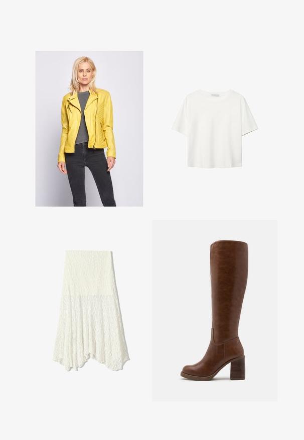 Gul lædermotorcykeljakke med asymmetrisk lynlås, quiltede skulderdetaljer, parret med en grå top og sorte jeans.; Hvid kortærmet t-shirt lavet af bomuld. Har en rund halsudskæring og en afslappet pasform. Glat tekstur uden synlige mønstre eller detaljer.; Hvid blonde nederdel med et struktureret mønster, udstyret med en asymmetrisk kant og en let flydende silhuet, lavet af et letvægtsstof.; Brune knæhøje støvler lavet af glat kunstlæder, med spids tå, blokhæl med lodrette riller og et minimalistisk design.