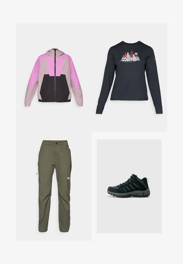 Lightweight hooded jacket featuring a color-block design in shades of pink and black. Made from smooth fabric with elastic cuffs and a zip closure.; Long-sleeve dark gray shirt with a graphic of red trees and mountains; "COLUMBIA" logo in bold white text. Soft fabric, standard crew neck.; The North Face EXPLORATION PANTS - Outdoor trousers - new taupe green; Columbia REDMOND - Hiking shoes - black/citron haze