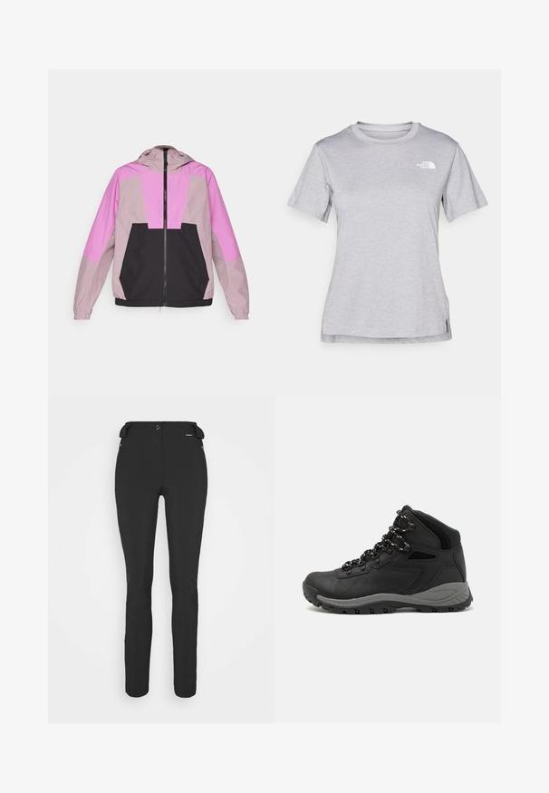 Lichtgewicht gewatteerde jas met een kleurblokontwerp in tinten roze en zwart. Gemaakt van gladde stof met elastische manchetten en een ritssluiting.; Grijze T-shirt met korte mouwen, gemaakt van zachte, vochtabsorberende stof. Heeft een ronde hals en een klein wit logo op de bovenste linkerzijde.; Zwarte, strakke broek gemaakt van een flexibel materiaal. Kenmerken zijn onder andere een ritszak aan de zijkant, gebogen knieën en een gladde textuur.; Zwarte wandelschoen met een mid-top ontwerp, voorzien van een gestructureerde bovenkant, grijze accenten en een duurzame rubberen zool met gripnoppen.