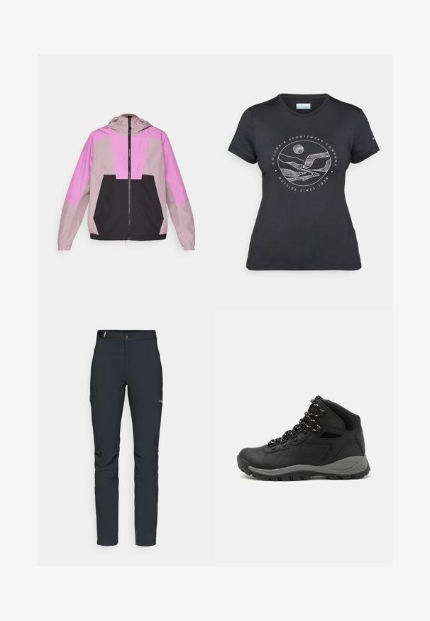 Lichtgewicht gewatteerde jas met een kleurblokontwerp in tinten roze en zwart. Gemaakt van gladde stof met elastische manchetten en een ritssluiting.; Zwarte Columbia t-shirt met witte cirkelvormige lijntekening van bergen en een rivier en de tekst "Columbia Sportswear Company Outside Since 1938."; Heren buitenbroeken, donkergrijs, gemaakt van flexibel materiaal, met een riem, ritszakken en verstevigde stiksels.; Zwarte wandelschoen met een mid-top ontwerp, voorzien van een gestructureerde bovenkant, grijze accenten en een duurzame rubberen zool met gripnoppen.