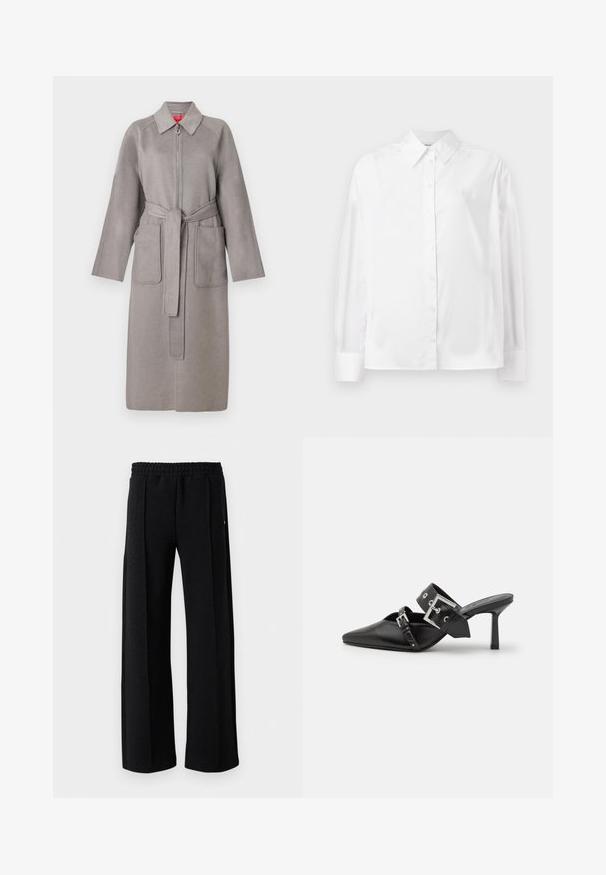 Szürke gyapjúkabát cipzáros elülső résszel, nagy foltzsebekkel és levehető övvel. Hegyes gallérral és bővebb ujjakkal rendelkezik.; Fehér, hosszú ujjú, gombos ing sima pamut keverékből. Klasszikus gallérral, elöl gombos záródással és lekerekített mandzsettával rendelkezik.; Fekete egyenes lábú nadrág rugalmas derékkal és finom textúrával az anyagban, fehér háttéren.; Fekete magassarkú mules, hegyes orral, sima bőrből készült. Széles bokapántja van, négyzet alakú ezüst csattal és szegecsekkel.