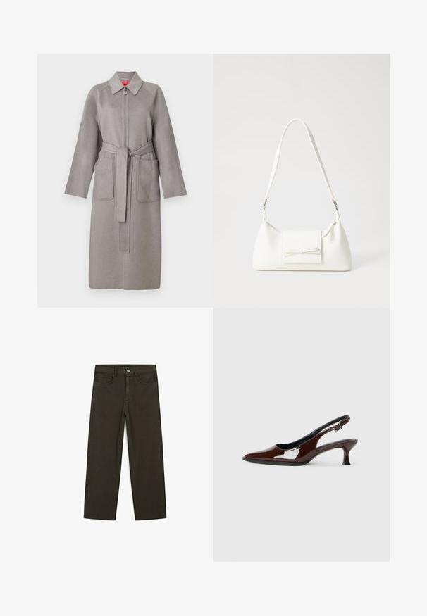 Szary wełniany płaszcz z zamkiem z przodu, dużymi naszywanymi kieszeniami i odczepianym paskiem. Posiada szpiczasty kołnierz i luźne rękawy.; Brązowa bawełniana koszulka, krótki rękaw, okrągły dekolt, luźny fason, gładka tkanina, minimalistyczny design, bez widocznych wzorów czy akcentów.; Ciemnozielone spodnie dżinsowe typu wide-leg wykonane z mieszanki bawełny, z zamkiem na guzik z przodu, pięcioma kieszeniami i klasycznym przeszyciem dżinsowym.; Brązowe lakierowane skórzane buty na obcasie typu slingback z ostrym noskiem i umiarkowanym obcasem. Posiadają pasek z klamrą dla zapewnienia stabilnego dopasowania. Gładka tekstura.; Biała syntetyczna torba o trójkątnym kształcie, płaskim przednim klapce i detalach w postaci kokardy, regulowanym pasku, gładkiej fakturze oraz minimalistycznym designie.