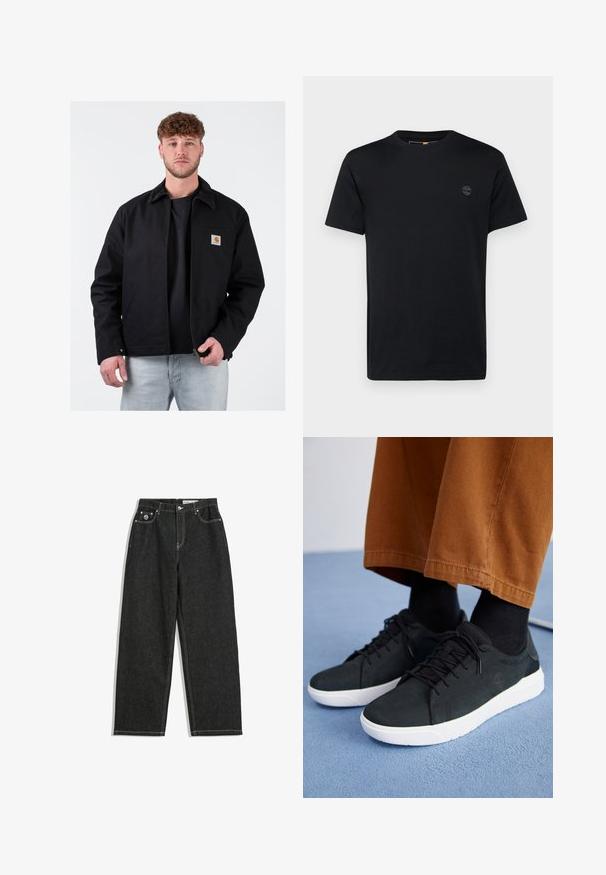 Zwarte jas met een bruin corduroy kraag, voorkant met rits, linkse borstzak en merklogo. Draagt over een zwart T-shirt en lichtblauwe spijkerbroek.; Zwarte katoenen T-shirt met een ronde hals, korte mouwen en een klein, geborduurd logo op de borst. Gladde textuur, klassieke pasvorm.; Zwarte rechte jeans met witte stiksels, vijf-pocket ontwerp, knoop- en ritsluiting, en een klein logo op de voorkant van de rechterzak.; Zwarte suède sneakers met witte rubberen zolen, voorzien van een vetersluiting ontwerp, textuuraccenten en subtiele branding, gedragen met bruine broeken.