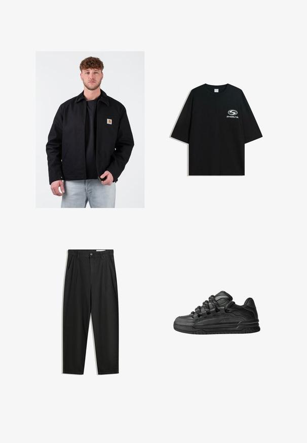 Zwarte jas met een bruin corduroy kraag, voorkant met rits, linkse borstzak en merklogo. Draagt over een zwart T-shirt en lichtblauwe spijkerbroek.; Zwarte oversized katoenen t-shirt met een ronde halslijn en korte mouwen, met een witte "Shibuya" logo gedrukt op de voorkant.; Zwarte katoenen broeken met een losse pasvorm, voorzien van een klassieke tailleband, voorplooien en zijzakken. Gladde structuur zonder patronen.; Zwarte sneakers met een glad leren bovenwerk, gearceerde accenten en ronde zwart-witte veters. Dikke rubberen zool met een geprofileerd loopvlak.