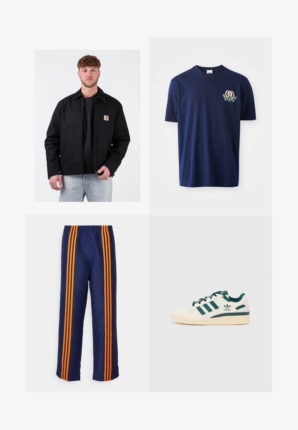 Casaco preto com um colarinho de veludo cotelê castanho, fecho zíper à frente, bolso no lado esquerdo do peito e logo da marca. Usado sobre uma t-shirt preta e jeans azul claro.; T-shirt de algodão azul marinho com mangas curtas, gola redonda e logótipo bordado com detalhes de louros no lado esquerdo do peito.; Calças azul-marinho com padrão texturizado em toda a peça, apresentando três listras laranja vibrante ao longo de cada lado. Cintura elástica no topo.; Sapatilha branca com detalhes verdes. Apresenta três riscas verdes, bico texturizado e logótipo na lateral. Sola de borracha com padrão texturizado.