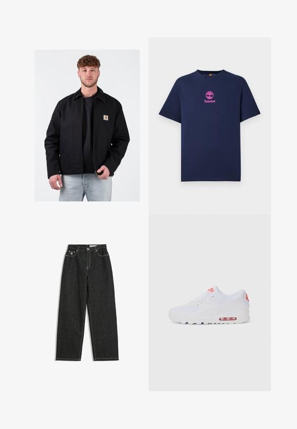 Czarna kurtka z brązowym kołnierzem z kordurowej tkaniny, z suwakami z przodu, lewą kieszenią na piersi i logo marki. Noszona na czarnym t-shircie i jasnoniebieskich dżinsach.; Granatowa bawełniana koszulka z okrągłym dekoltem i krótkimi rękawami. Na piersi znajduje się różowe logo Timberland z motywem drzewa.; Czarne jeansy o prostym kroju z białym przeszyciem, pięć kieszeni, zapięcie na guzik i zamek, oraz małe logo na prawej przedniej kieszeni.; Białe sportowe sneakersy z gładką cholewką, sznurowaniem, wyściełaną podeszwą i widoczną jednostką powietrzną z czerwonymi akcentami na oznaczeniach.