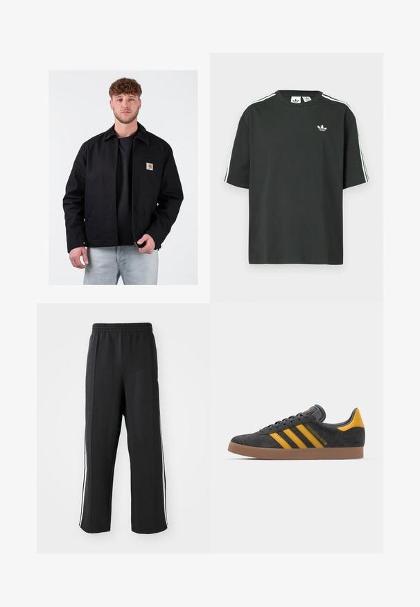 Casaco preto com um colarinho de veludo cotelê castanho, fecho zíper à frente, bolso no lado esquerdo do peito e logo da marca. Usado sobre uma t-shirt preta e jeans azul claro.; T-shirt preta de algodão com mangas curtas, gola redonda e detalhe branco de três riscas nos ombros. Apresenta um pequeno logotipo branco no peito.; Calças de moletom pretas com um cós elástico, apresentando riscas laterais brancas e um corte descontraído. Feitas de um tecido macio e elástico.; Tenis em camurça preta com detalhes amarelos, apresentando três riscas e uma sola de borracha castanha. Inclui uma língua acolchoada para maior conforto.