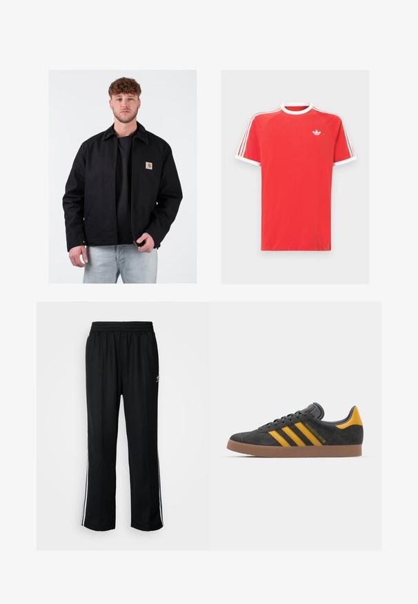 Black jacket with a brown corduroy collar, front zipper, left chest pocket, and branded logo. Worn over a black t-shirt and light blue jeans.; Red cotton t-shirt with white collar and sleeve trims. Features white three-stripe design on shoulders and a small white logo on chest.; Black athletic pants with an elastic waistband, featuring white side stripes and a small logo. Material appears soft and lightweight.; Black suede sneaker with yellow accents, featuring three stripes and a brown rubber sole. Includes a padded tongue for comfort.