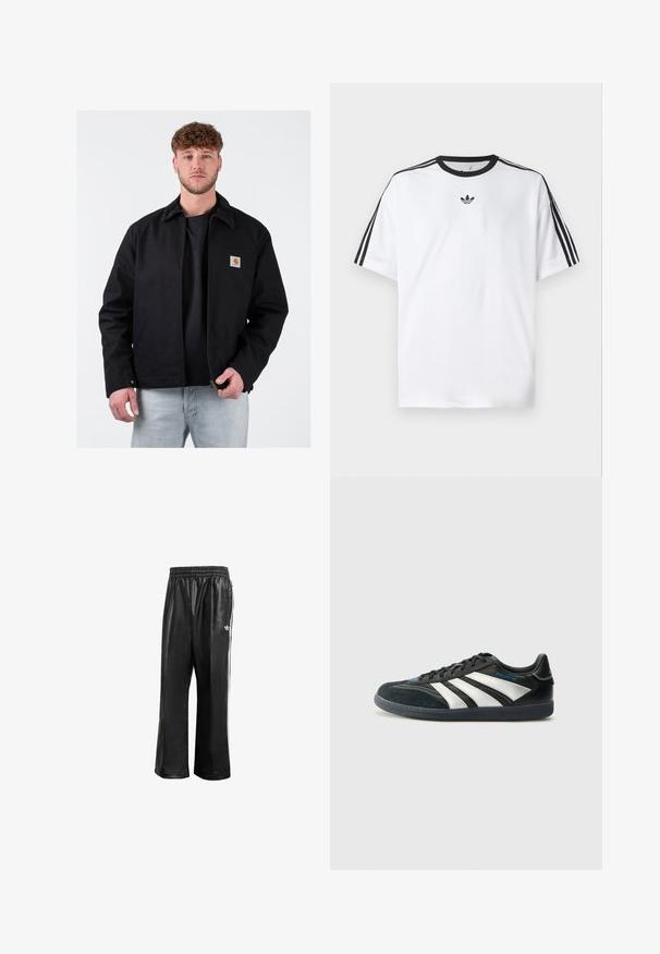 Črna jakna s rjavim žametusnim ovratnikom, sprednjim zadrgo, žepom na levi strani prsnega dela in blagovno znamko. Obuta čez črno majico in svetlo modre jeans hlače.; Bela majica iz bombaža z črnimi okroglimi izrezi in tremi črnimi črtami na vsakem ramu. Majhen črn logotip na prsih.; Črne sintetične športne hlače z elastičnim pasom, z belimi stranskimi črtami in s majhnim belim logotipom na levem kolku.; adidas Performance PREDATOR FREESTYLE JUDE INDOOR FOOTBALL SHOES - Dvoranske nogometne kopačke - core black/silver-coloured/glory blue