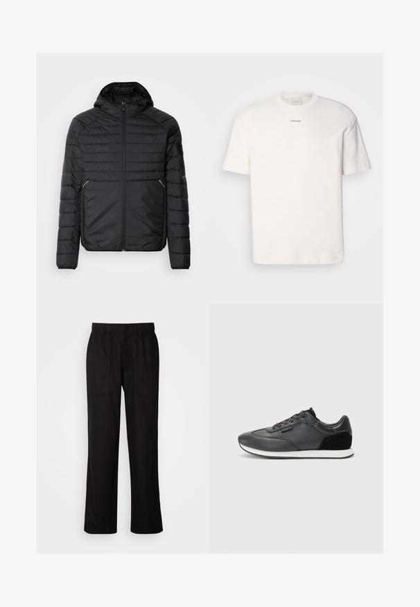 Must have kapuutsiga must paksu voodriga jope, millel on vertikaalne tikandi kujundus, esine tõmblukk, küljetaskud ja rõhutatav tasku vasakul varrukal.; Valge puuvillane T-särk, millel on ümar kaelus, lühikesed varrukad ning rinnas keskel tikitud "Calvin Klein" logo. Üksluisus.; Mustad lõdva istuvusega mustad püksid, mis on valmistatud kergest kangast. Omavad elastset vöökohta, nööbiga sulgemist ja kahte esist taskut.; Mustad mustasaapad, millel on nahast ülemine osa, perforatsioonid, seemisnahast aktsentide ja valge kummitald. Klassikaline lipsuotsimise disain.