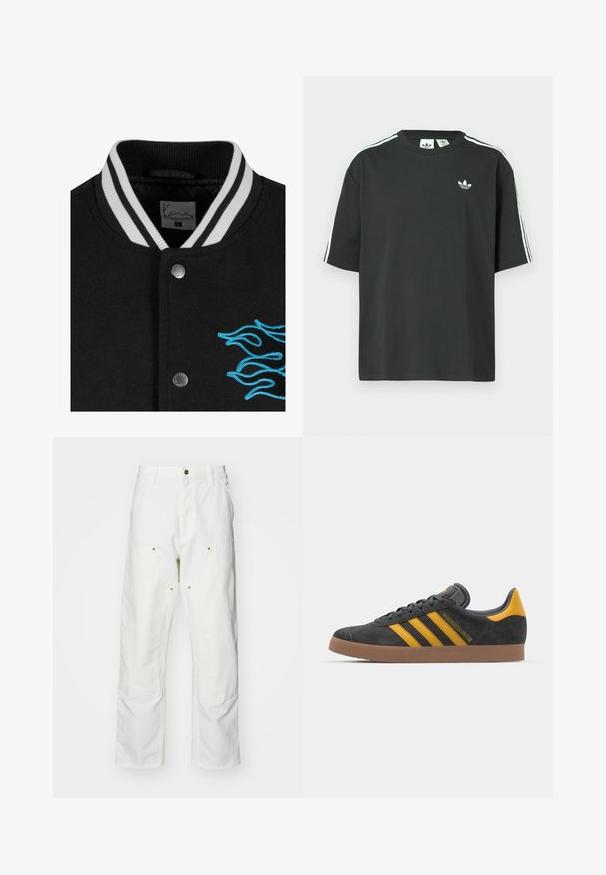 Must beežiga jope, millel on valged triibud krae ääres, nööbiklipp ja elavad sinised leegid, tikitud vasakule küljele.; Mustast puuvillast lühikeste varrukatega t-särk, ümmarguse kaelusega ja valgete kolmetriipudega õlgadel. Rinnal on väike valge logo.; Valged puuvillased cargo püksid, millel on mugav lõige. Omadusteks on esikotid, kuldse riistvara aktsendid ja tugevdatud põlveosad.; Mustad sametist spordijalatsid kollaste aktsentidega, millel on kolm triipu ja pruun kummitald. Mugavuse tagamiseks on neil pehmendatud keele osa.