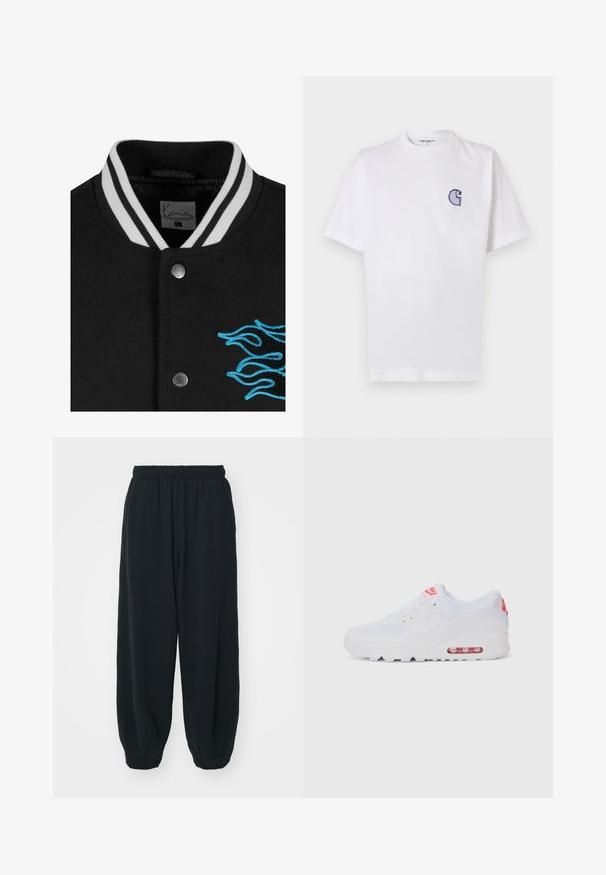 Jachetă varsity neagră, cu guler alb cu dungi, închidere cu nasturi și broderie stridentă cu flăcări albastre pe partea stângă.; Tricou alb din bumbac, cu mâneci scurte, guler rotund și un mic logo brodat albastru "C" pe partea stângă a pieptului.; Pantaloni de trening negri, cu talie elastică, cu o croială lejeră, la baza pantaloni fiind strânși, având o textură netedă și fără modele sau accente metalice vizibile.; Adidașii albaștri de sport au o parte superioară netedă, sistem de închidere cu șireturi, talpă cu amortizare și o unitate de aer vizibilă cu accente roșii pe branding.