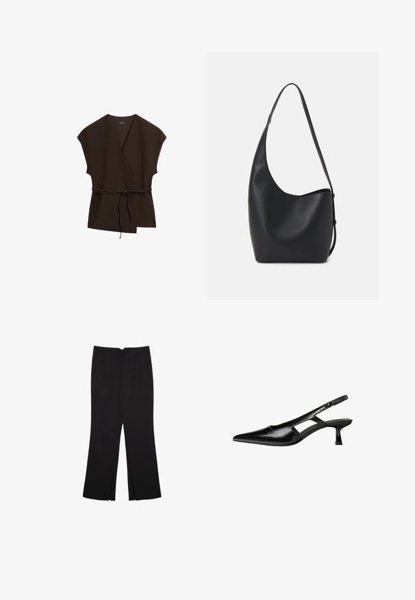 Massimo Dutti DOUBLE-BREASTED V-NECK WITH TIES - Lehká bunda - mottled dark brown; Černý top bez rukávů vyrobený z hladké látky, s kulatým výstřihem a přiléhavým střihem bez viditelných vzorů nebo ozdob.; Černé kalhoty s rovným střihem, s předními kapsami a bočními rozparky na lemu. Vyrobené z jemné, hladké tkaniny. Vhodné na různé příležitosti.; Černé lakované lodičky na podpatku se špičatou špičkou, výřezovým designem na boku a malým čtvercovým podpatkem. Hladká textura s minimálními akcenty.; Černá kožená hobo taška s hladkým povrchem, zakřiveným tvarem a jedním nastavitelným popruhem; má široké otevírání nahoře.