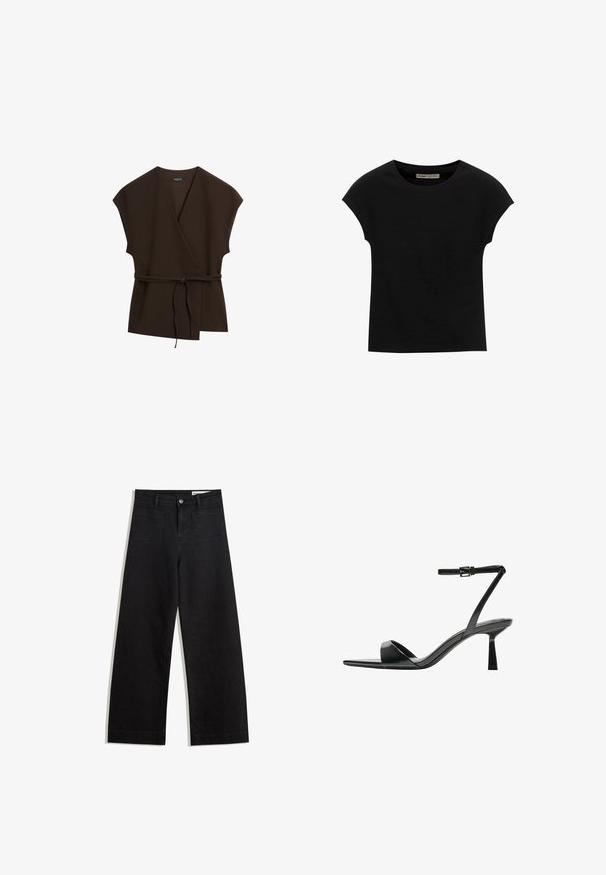 Massimo Dutti DOUBLE-BREASTED V-NECK WITH TIES - Leichte Jacke - mottled dark brown; Schwarzes Kurzarm-T-Shirt aus weichem Stoff, mit Rundhalsausschnitt und lockerer Passform, glatter Textur und ohne Muster.; Schwarze weit geschnittene Jeans mit hoher Taille, ausgestattet mit Vorder- und Hintertaschen, gesteppten Nähten und einem Knopfverschluss. Glatte Textur.; Bershka High Heel Sandalette - black