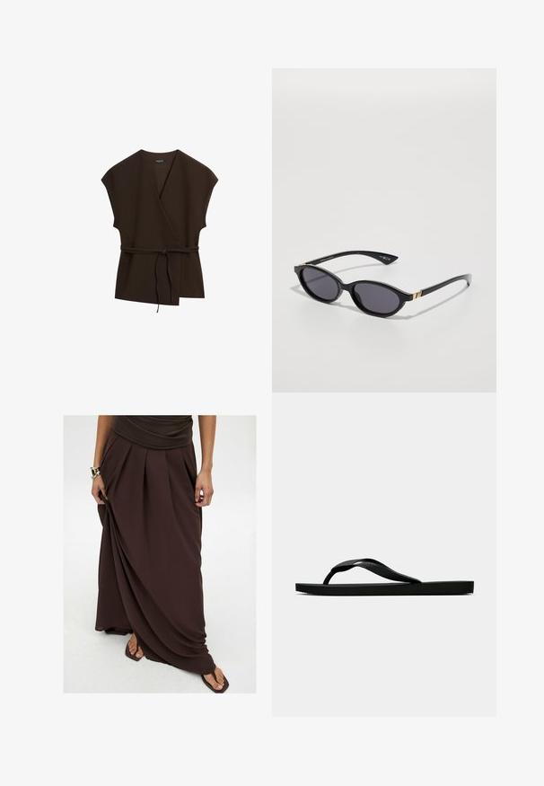 Massimo Dutti DOUBLE-BREASTED V-NECK WITH TIES - Giacca leggera - mottled dark brown; Top lungo nero a maniche realizzato in tessuto morbido. Caratterizzato da un colletto rotondo e dettagli arricciati in vita. Texture liscia, design aderente.; Gonna maxi marrone realizzata in tessuto leggero, con pieghe, design fluido e vita elasticizzata per il comfort.; Infradito in gomma nera con cinturino testurizzato e suola piatta semplice, mostrati di lato su uno sfondo chiaro e uniforme.; Occhiali da sole neri con lenti ovali, tinta sfumata scura e braccetti sottili con sottili dettagli dorati. Finitura in plastica liscia.; Clutch bag in pelle intrecciata nera con forma rettangolare, dotata di una maniglia sottile e discreti dettagli in oro.
