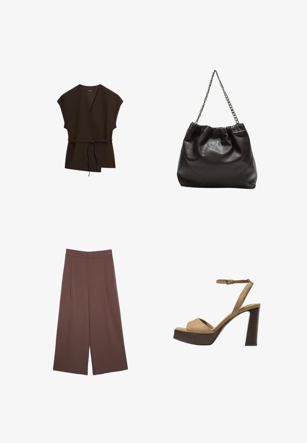 Massimo Dutti DOUBLE-BREASTED V-NECK WITH TIES - Leichte Jacke - mottled dark brown; Braunes, kurzärmliges T-Shirt aus weichem Material mit rundem Halsausschnitt und lockerer Passform. Keine sichtbaren Muster oder Akzente.; Braune Weite-Leg-Hosen mit einer glatten Textur, hoher Taille und Vorderfalten. Der Stoff ist leicht und fällt locker.; Beige Wildleder-Pumps mit hohem Absatz, breitem Vorderband und Knöchelriemen, ausgestattet mit einem klobigen Holzblockabsatz mit strukturiertem Finish.; Braune Lederhandtasche mit gerafftem Oberteil und Kettenriemen. Glatte Textur mit glänzendem Finish und subtilen Nahtdetails an den Seiten.