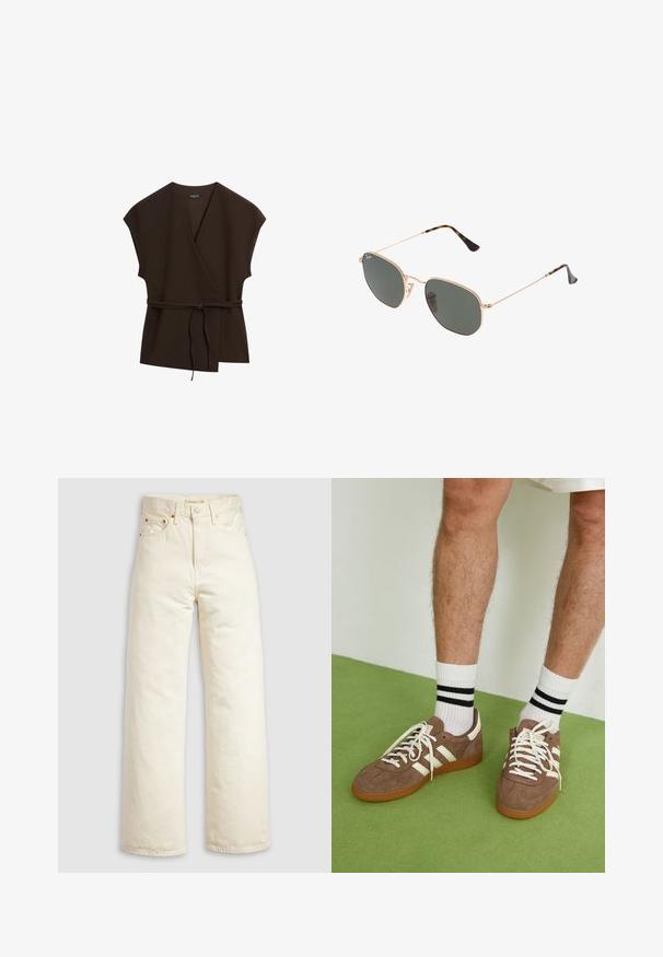 Massimo Dutti DOUBLE-BREASTED V-NECK WITH TIES - Summer jacket - mottled dark brown; White long-sleeve top with a wide neckline, side slits, and a smooth, lightweight fabric, featuring a simple, minimalistic design.; Wide-leg jeans in off-white denim, featuring a high waist, copper rivets, and classic five-pocket design. Textured fabric with clean hems.; Brown suede sneakers with white accents and laces. Rubber gum sole. Worn with white socks featuring black stripes. Green textured flooring.; Gold metal-frame sunglasses with dark green lenses, aviator style, featuring slim arms and tortoiseshell accents on the tips.; Black quilted faux leather bag with a chain strap, featuring a hexagonal pattern and a decorative wing detail on the front.