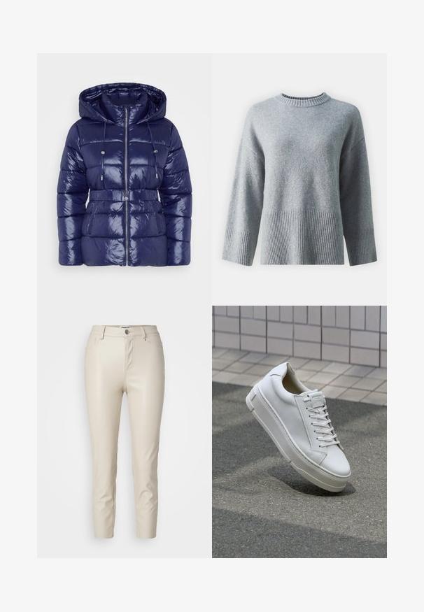 Casaco puffer azul-marinho com acabamento brilhante, capuz, fecho com zíper, cordões ajustáveis e cintura com cinto. Textura acolchoada e bolsos laterais.; Suéter cinza com gola redonda, apresentando uma bainha e punhos canelados texturizados, feito de um tecido macio com um acabamento suave.; Calças de imitação de pele bege com um corte justo, bolsos frontais e fecho de botão, apresentando textura suave e pernas afuniladas.; Sapatilhas de couro branco com um design de baixo, atacadores planos, bico arredondado e lados texturizados. Sola de borracha espessa com detalhes subtis.