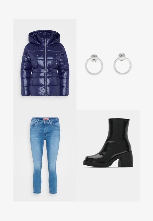 Mornarska puffer jakna z bleščečo površino, kapuco, zadrgo, nastavljivimi vrvicami in pasom. Kvadratna tekstura in stranske žepi.; Trii dolgi rokavi kroji vrhovi zloženi, barve bela, bež in umirjena teal, z okroglimi izrezi na svetlo sivi podlagi.; Svetlo modri denim skinny jeans z srednjo visokim pasom, zasnovo s petimi žepi in surovo obrobo na gležnjih. Oznaka blagovne znamke vidna na pasu.; Črne gležnjarje z sijajno površino, kvadratnim nosom in debelim blokskim peto. Oblikovanje izstopa s brezšivno silhueto in minimalnim logotipiranjem.; Srebrni kovinski obročasti uhani z brušenjem, s krožno obliko in prozornim zatičem za varno nošenje.