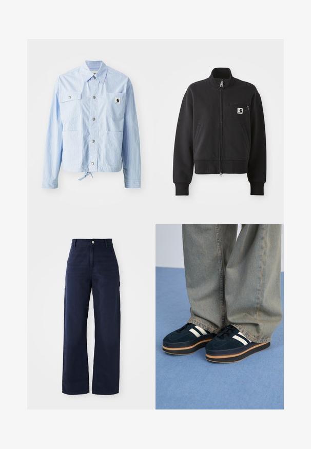 Giacca a righe azzurra chiara con chiusura a bottoni, quattro tasche frontali e orlo con coulisse. Presenta un piccolo etichetta logo sulla tasca sinistra.; Giacca nera zip-up con design corto, dotata di un colletto alto, tasche frontali e una piccola tasca sul petto con accento del logo. Texture del tessuto morbida.; Maglietta in cotone bianco con vestibilità rilassata, maniche corte e un piccolo logo ricamato sul lato sinistro del petto.; Pantaloni cargo a gamba larga blu navy in un robusto tessuto di cotone, con tasche laterali e chiusura con bottone in vita.; Sneakers platform in suede blu scuro con strisce bianche e lacci neri. Presentano una spessa suola in gomma marrone. Indossati con pantaloni di jeans azzurri.