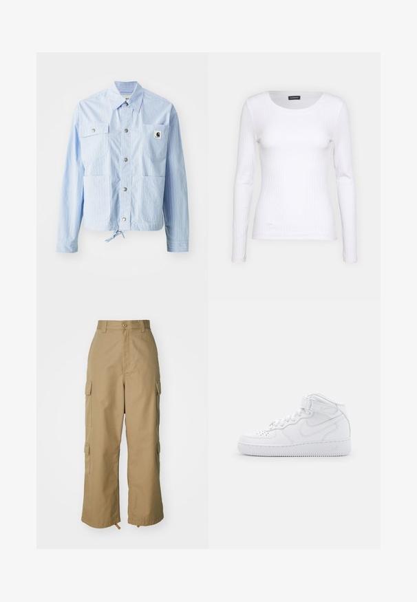 Lysblå stribet jakke med knaplukning, fire frontlommer og snoretræk i bunden. Har en lille logo-tag på venstre lomme.; Hvid ribbet langærmet trøje med rund halsudskæring. Fremstillet af et strækstof, der sidder tæt til kroppen. Har subtile horisontale linjer.; Beige cargo bukser med høj talje, brede ben og fire store sidelommer. Fremstillet af slidstærkt stof med en glat tekstur og minimal detaljering.; Hvide høj-top sneakers lavet af læder med polstret krave, perforeret tå, snørebånd og justerbar ankelrem; logo på siden.