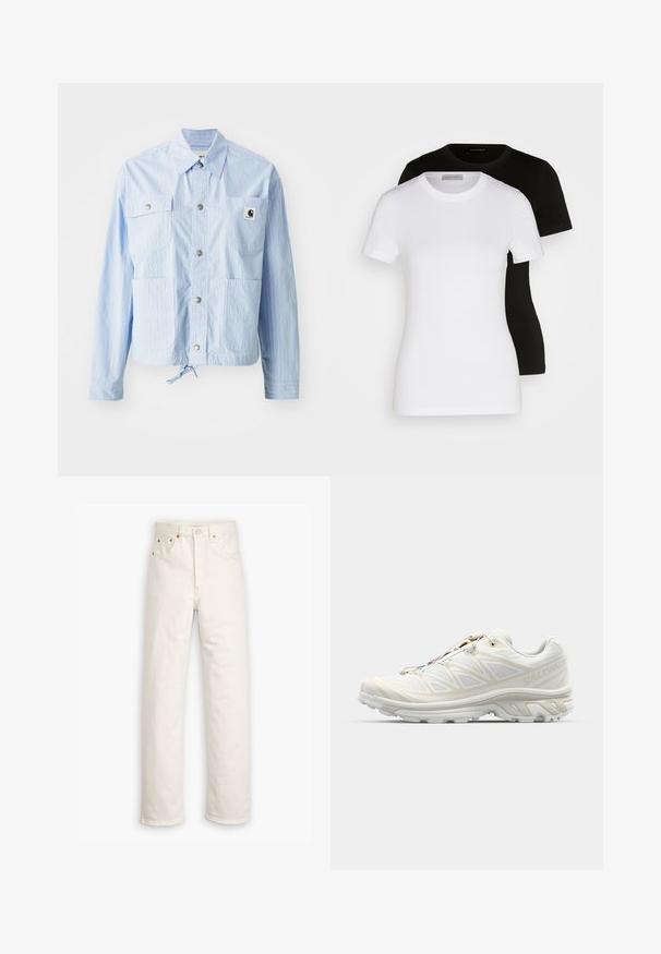 Lys blå stripet jakke med knappefeste, fire frontlommer og snor i bunnen. Har et lite logomerke på venstre lomme.; To korte ermer T-skjorter i svart og hvit. Laget av glatt bomull, med klassisk rund hals og vanlig passform.; Hvite denimjeans med rett ben-design, fem-lomme stil, og kobberdetaljer. Rå sømfinish ved anklene.; Hvit løpesko med pustende mesh-overdel, teksturerte detaljer og polstret såle. Har et hurtiglissesystem for enkel tilpasning.