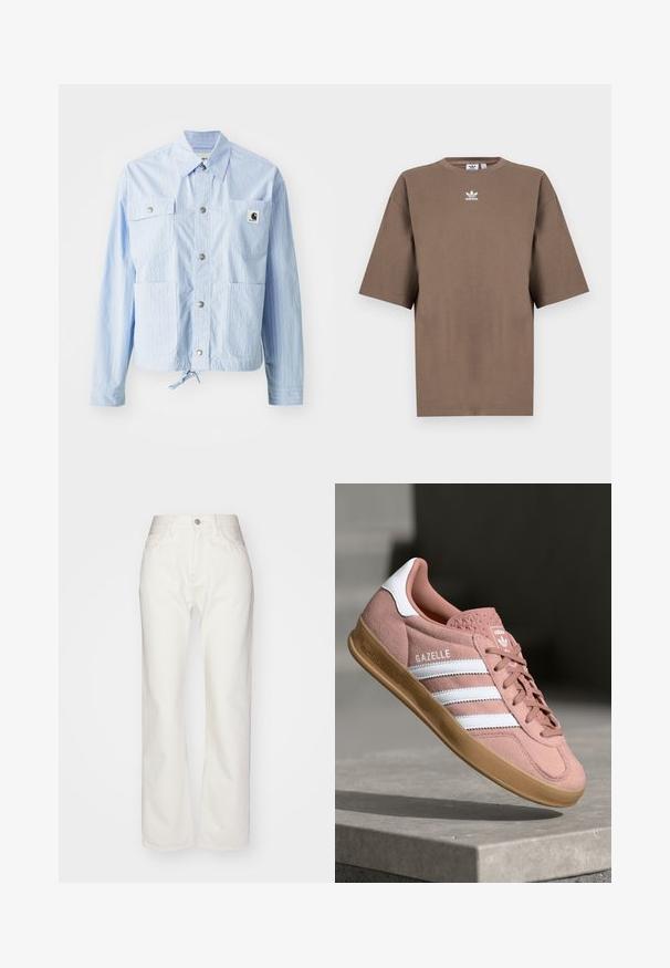 Giacca a righe azzurra chiara con chiusura a bottoni, quattro tasche frontali e orlo con coulisse. Presenta un piccolo etichetta logo sulla tasca sinistra.; T-shirt in cotone marrone con maniche corte, collo tondo e logo Adidas bianco centrato sul petto, caratterizzato da un design semplice e una vestibilità comoda.; Pantaloni in denim bianco con vita alta e taglio ampio. Presentano chiusura con bottone e zip, passanti per cintura e dettagli di cucitura sottili.; Sneaker in suede rosa con strisce bianche, suola in gomma, parte superiore testurizzata e logo sulla linguetta. Design classico a bassa cima.