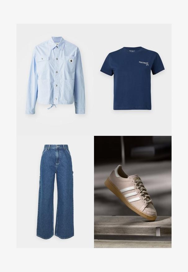 Light blue striped jacket with button closure, four front pockets, and a drawstring hem. Features a small logo tag on the left pocket.; Navy blue cotton t-shirt with short sleeves, round neckline, and a white logo printed on the front left side. Simple design, smooth texture.; Wide-leg blue denim trousers with a high waist, contrasting stitching, and side pockets, featuring a classic five-pocket design and raw hems.; Light beige suede sneaker with white stripes, rubber gum sole, round toe, and flat laces. Features stitched accents and gold branding.