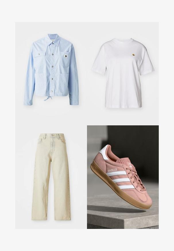 Lys blå stripet jakke med knappefeste, fire frontlommer og snor i bunnen. Har et lite logomerke på venstre lomme.; Hvit bomulls t-skjorte med avslappet passform, korte ermer og en liten brodert logo på venstre brystområde.; Bredde ben denimjeans i en lys beige nyanse, med frontlommer, høy midje og subtile stikkingdetaljer. Laget av teksturert denimstoff.; Rosa semskesneaker med hvite striper, gummisåle, teksturert overdel og logo på tungen. Klassisk lavt design.