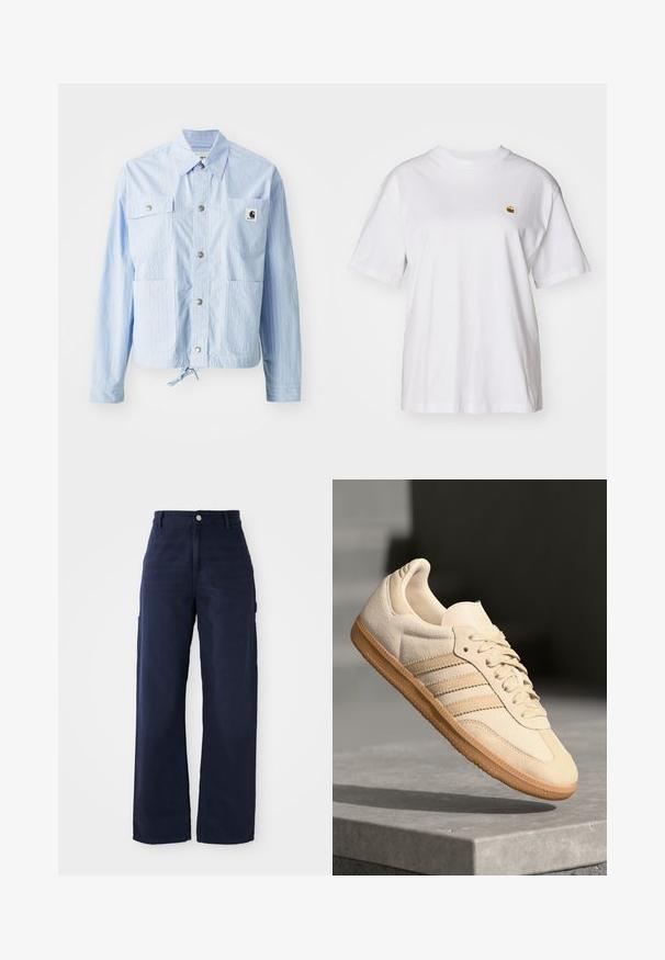 Světle modrá pruhovaná bunda se zapínáním na knoflíky, čtyřmi předními kapsami a šňůrkou na spodním lem. Obsahuje malou logo etiketu na levé kapse.; Bílý bavlněný tričko s volným střihem, krátkými rukávy a malým vyšívaným logem na levé části hrudi.; Námořnické modré široké cargo kalhoty vyrobené z pevné bavlny, s bočními kapsami a zapínáním na knoflík v pase.; Světlé béžové semišové tenisky s gumovou podrážkou, třemi diagonálními pruhy a texturovanou špičkou. Na jazyku a boku se nachází logo.