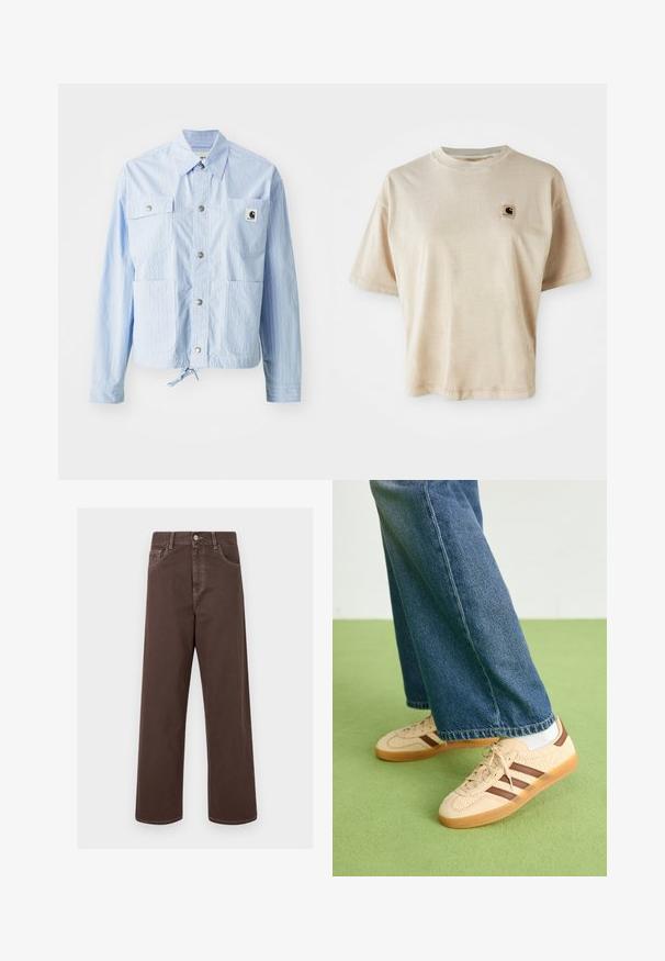 Veste rayée bleu clair avec fermeture à bouton, quatre poches avant et un ourlet à cordon de serrage. Présente une petite étiquette logo sur la poche gauche.; T-shirt en coton beige avec une coupe décontractée, un col ras du cou, des manches courtes et une petite étiquette carrée avec logo sur la zone gauche de la poitrine.; Pantalons en denim marron à jambes larges avec des coutures contrastées, cinq poches et un bouton métallique. Texture lisse, coupe droite.; Baskets beiges avec des panneaux crémeux texturés et des rayures brunes, accompagnées d'un jean en denim bleu. Le jean a une coupe large et un ourlet effiloché.