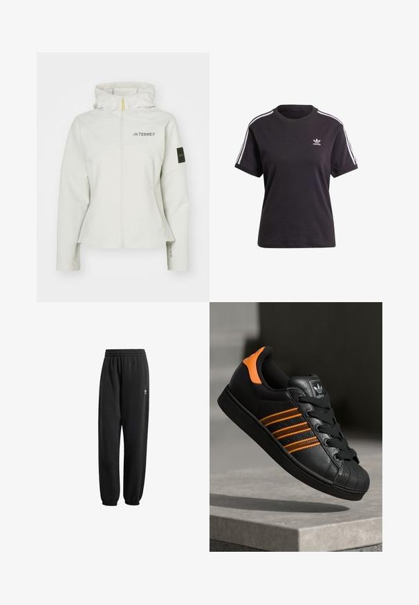 adidas Terrex NATIONAL GEOGRAPHIC WOMEN SOFTSHELL JACKET - Mekana jakna - orbit grey; Crna pamučna majica kratkih rukava s okruglim izrezom, ukrašena bijelim trakama na ramenima i malim bijelim Adidas logom na prsima.; Crne trenirke od mekog, teksturiranog materijala. Imaju elastičnu struk, manžete i mali bijeli logotip blizu vrata.; Crni tenisice s narančastim naglascima, tri horizontalne pruge, teksturirani kožni gornji dio, gumen kapica za prste i crne vezice.