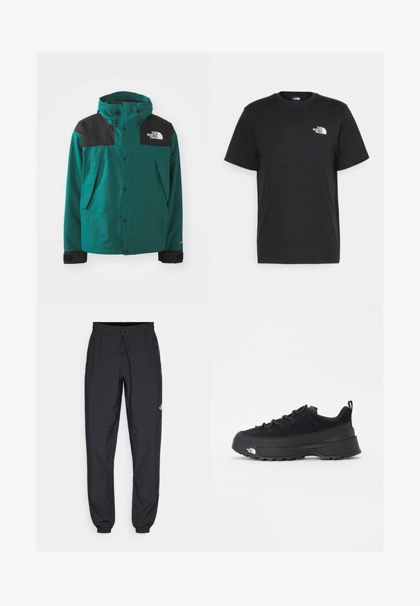 Jachetă teal cu panouri negre pe umeri, glugă ajustabilă, butoane prin presare, buzunare laterale și țesătură texturată. Logo-ul mărcii pe piept.; Tricou negru din bumbac, cu mâneci scurte, guler rotund și un mic logo alb pe pieptul stâng. Design simplu, textură netedă și croială lejeră.; Pantaloni atletici negri, confecționați dintr-un material ușor, cu un tiv elastic la talie, buzunare laterale și tivuri ajustate la gleznă.; Tenisi de exterior negri cu superior din daim, talpă din cauciuc texturat și sistem de șireturi solid. Prezintă un călcâi întărit și un logo al mărcii pe lateral.