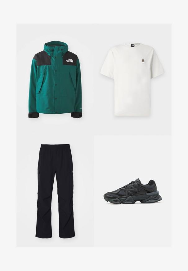 Giacca teal con pannelli neri sulle spalle, cappuccio regolabile, bottoni a pressione, tasche laterali e tessuto testurizzato. Logo del brand sul petto.; T-shirt in cotone bianco con una piccola grafica ricamata di una bottiglia sul lato sinistro del petto. Collo rotondo classico e maniche corte.; Pantaloni cargo neri realizzati in materiale leggero, con vita elastica, tasche laterali e design a gamba dritta.; Scarpa da corsa nera con una combinazione di materiali in rete e sintetici, suola spessa, design curvo e marchio ben visibile sul lato.