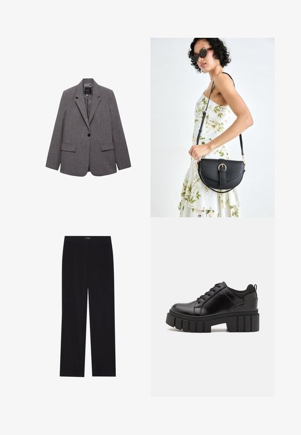 Sacou gri cu dungi căptușit, cu un singur buton negru, rever în formă de notch, două buzunare frontale și căptușeală interioară netedă.; Tricou negru din bumbac cu mâneci scurte, având pe partea stângă a pieptului un mic grafic cu un fluture roz. Design cu guler rotund și croială lejeră.; Pantaloni din cord din culoare neagră, cu croială dreaptă, având un brâu plat și fără buzunare vizibile, textură netedă și detalii cu fante verticale.; Pantofi cu talpă plată din piele neagră, cu toc gros, vârf rotund și design tradițional cu șireturi. Prezintă o textură netedă și detalii minime.; Geantă din piele neagră, cu o formă curbată, curea detașabilă și accesorii aurii. Geanta are un capac cu un detaliu tip cataramă.