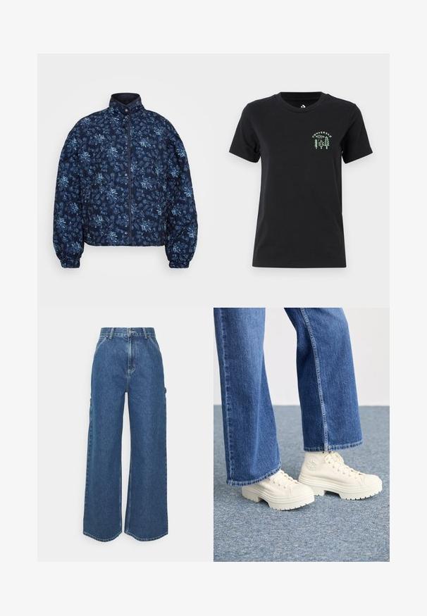Navy mėlynas siuvinėtas švarkas su šviesiai mėlynu gėlių raštu. Sukurtas su aukštu apykakle ir mygtukų uždarymu, su elastingomis rankogaliais ir trumpa forma.; Converse FOREST ART TEE - Marškinėliai su spaudiniu - black; Plačios mėlynos džinsinės kelnes su aukštu juosmeniu, kontrastingais siūlais ir šoninėmis kišenėmis, turinčios klasikinį penkių kišenių dizainą ir brutalius kraštus.; Baltos aukštos sportinės kedai su storomis, briaunotomis padais ir apvaliu logotipo akcentu, dėvimi su šviesiai mėlynomis plačiakulkėmis džinsinėmis kelnėmis.