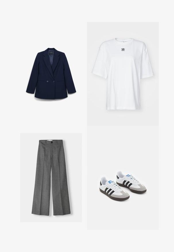 Blazer su misura blu navy con colletto a rever, due bottoni frontali e tasche con fessura, mostrato piatto su sfondo bianco.; T-shirt bianco a maniche corte in cotone. Presenta un collo rotondo e un piccolo logo Adidas nero sul petto. Orlo dritto.; Pantaloni a gamba larga grigi con motivo a righe, dotati di chiusura con bottone e due tasche frontali. Realizzati in tessuto testurizzato.; Scarpe sportive con tomaia in pelle bianca, punta in suede grigia e tre strisce nere. Presentano un logo blu sulla linguetta e una suola in gomma testurizzata.
