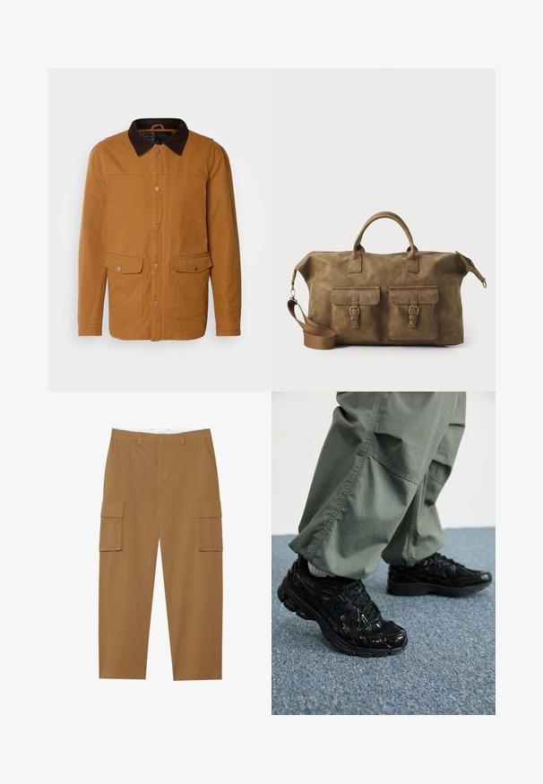 INDICODE JEANS Veste mi-saison - rubber; Deux chemises à manches courtes : l'une noire unie, l'autre blanche avec des rayures verticales noires. Les deux ont des boutons et un col classique.; Pantalons cargo marron avec deux poches latérales, une taille plate et une coupe droite. Fabriqués en tissu durable avec une texture lisse.; Baskets de sport noires avec des textures brillantes et en mesh, dotées d'une semelle épaisse et de lacets, assorties à un pantalon cargo ample vert olive.; Sac de voyage en cuir marron avec deux poches avant, bandoulière réglable, accessoires en or et poignées supérieures robustes. Texture lisse.