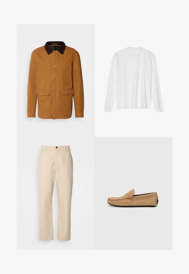 INDICODE JEANS Lengva striukė - rubber; Ilgos rankovės baltas medvilnės marškinėliai su apvaliu kaklu ir raukšlėtomis rankovėmis. Paprastas, be puošmenų dizainas, turintis lygią tekstūrą ir standartinę prigludimą.; Bežiniai medvilniniai kelnes su tiesiomis kojomis, priekinis mygtuko uždarymas, šoninės kišenės ir lygus paviršius. Minimalistinis dizainas, be matomų raštų.; Smėlinės zomšinės mokasinės su siūtu pirštu, lengvu uždėjimu ir juodu guminiu padu. Pusėje yra subtili ženklų identifikacija.