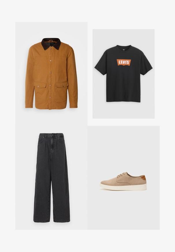 INDICODE JEANS Light jacket - rubber; Black cotton t-shirt featuring a large orange Levi's logo on the front, short sleeves, and a crew neck design.; Wide-leg, high-waisted black denim pants with a front button and zipper closure, featuring side pockets and a smooth texture.; Beige suede sneakers with a rounded toe, lace-up front, and a textured back accent. White rubber sole provides contrast. Simple and modern design.