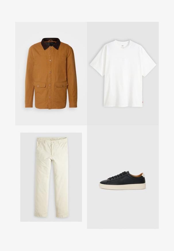 INDICODE JEANS Übergangsjacke - rubber; Weißes T-Shirt mit kurzen Ärmeln aus Baumwolle und rundem Halsausschnitt. Besitzt ein dezentes, geprägtes Logo-Detail auf der Vorderseite und ein rotes Etikett am Saum.; Helle beigefarbene, lässig geschnittene Hose mit drei Taschen, Gürtelschlaufen und geradem Bein. Hergestellt aus einem weichen Baumwoll-Mix.; Schwarze Ledersneaker mit glatter Textur, beiger Gummisohle, Schnürdesign und einem kontrastierenden Fersenakzent.