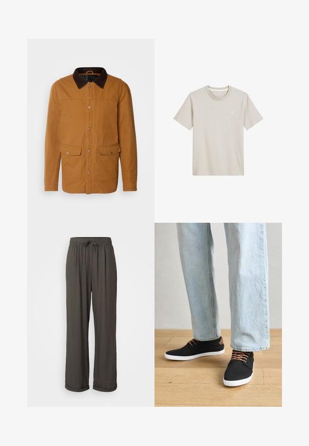 INDICODE JEANS Jas - rubber; Lichtbeige T-shirt gemaakt van zachte stof. Heeft een ronde hals, korte mouwen en een klein "M OP" logo op de linkerkant van de borst.; Donkergrijze wijde broek met een koord in de taille, gemaakt van een zachte, gestructureerde stof, met opgerolde manchetten bij de enkels.; Zwarte canvas sneakers met bruine accenten, witte rubberen zolen en bruine veters, gecombineerd met lichtblauwe spijkerbroeken met rechte pijpen. Houten vloer als achtergrond.