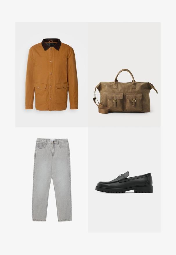 INDICODE JEANS Kerge jope - rubber; Kolm ümmarguse kaelusega T-särki valges, helesinises ja mustas. Valmistatud pehmest puuvillast, lühikeste varrukatega ja mugava lõikega.; Heledad hallide denimpüksid otse säärekujundusega, viie-taskulise stiliseerimise ja nupukinnitusega. Nähtav õmblus kõrvuti.; Mustad musta nahast loafers, millel on ümar varvas, tikandiga disain, madal platvorm-soon ja tekstureeritud, soonikkummist välistald.; Pruun nahast nädalakott, millel on kaks esikotti, reguleeritav õlarihm, kuldne riistvara ja tugevad ülemised käepidemed. Sile tekstuur.