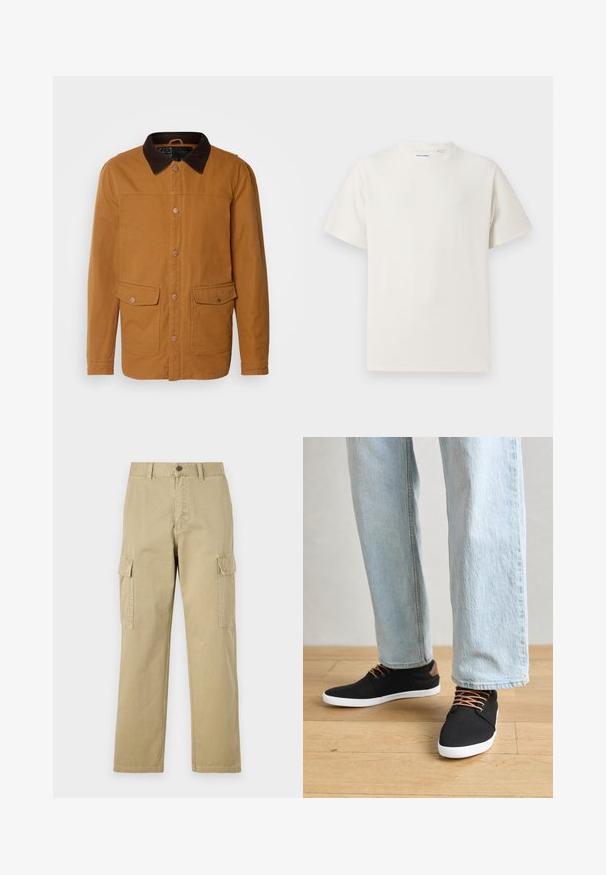 INDICODE JEANS Light jacket - rubber; White short-sleeve T-shirt in a ribbed texture. Round neckline, relaxed fit, no visible patterns or accents. Simple and versatile design.; Beige cargo pants made of cotton, featuring two side pockets, a button closure, and straight legs with a slightly textured fabric.; Black canvas sneakers with brown accents, white rubber soles, and brown laces, paired with light blue straight-leg jeans. Wood floor background.