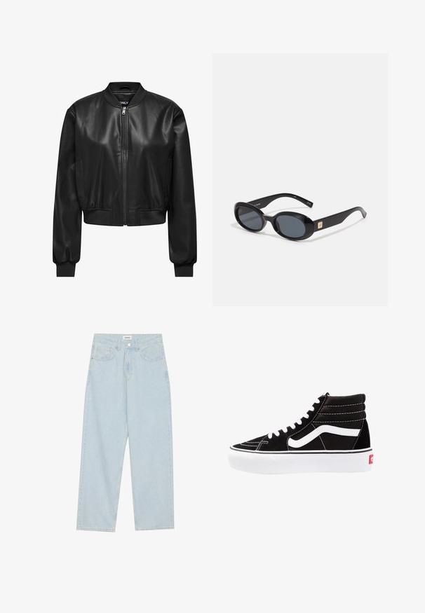 Giacca bomber in pelle nera con zip frontale, colletto e polsini a coste, e tasche laterali. Texture liscia con design accorciato.; Due magliette senza maniche, in bianco e nero, realizzate in cotone a coste, con colli rotondi e un design aderente. Etichette visibili su entrambe.; Jeans azzurri a gamba larga in denim, con vita media, cinque tasche e chiusura con bottone accompagnata da un sottile accento metallico.; Scarpe da ginnastica nere alte con lacci bianchi, un logo bianco e cuciture bianche a contrasto. Presentano una suola bianca spessa e una parte superiore in suede textured.; Occhiali da sole ovali neri con lenti scure, montatura in plastica lucida, aste larghe e un piccolo accent in oro su un lato.; Borsa a tracolla in pelle nera con una texture liscia, forma rettangolare e una tracolla curva. Presenta dettagli metallici e logo impresso.