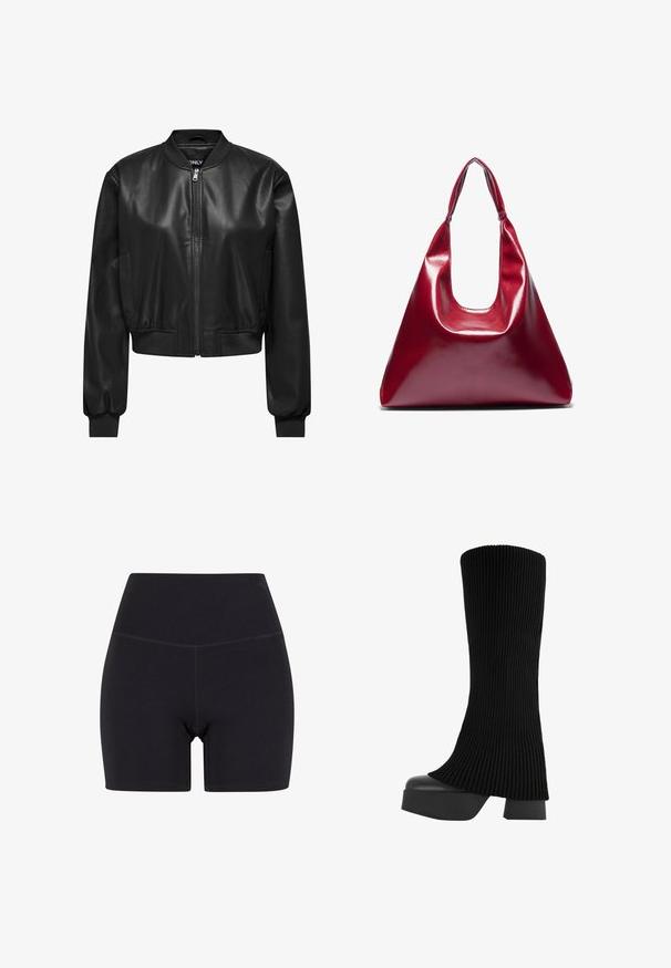 Veste bomber en cuir noir avec fermeture éclair à l'avant, col et poignets côtelés, et poches latérales. Texture lisse avec une coupe cropped.; Haut blanc à manches courtes avec une coupe décontractée, présentant un design froncé à la taille et une texture de tissu lisse. Étiquette : Anna Field.; Shorts noirs taille haute en tissu extensible. Caractéristiques : une taille élastique, une texture lisse et une longueur mi-cuisse avec un design sans couture.; Botte noire montante en tissu côtelé, avec une semelle plateforme épaisse et un talon bloc, présentant une texture lisse et un design moderne et épuré.; Sac à main en cuir laqué rouge de forme triangulaire, avec une large ouverture en haut et une seule anse courbée. Texture lisse avec des détails de couture minimaux.