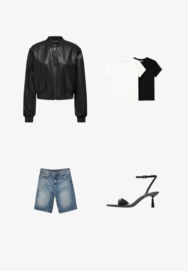 Czarna skórzana kurtka bomberka z zamkiem z przodu, prążkowanym kołnierzem i mankietami oraz bocznymi kieszeniami. Gładka tekstura z krótkim krojem.; Dwa t-shirty z krótkim rękawem, jeden biały i jeden czarny, wykonane z bawełny. Oba mają okrągły dekolt i prosty, klasyczny design.; Jasnoniebieskie szorty dżinsowe z paskiem z szlufkami, pięcioma kieszeniami i lekko wyblakłym wykończeniem, nadającym im zużyty wygląd.; Bershka - Sandały na obcasie