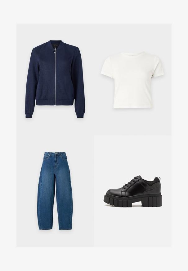 Námořnická modrá bunda typu bombarďák so strieborným zipsom a okrúhlym ťahadlom, s vzorovanými manžetami a pásom, na jednoduchom bielom pozadí.; Krátke biele tričko vyrobené z bavlny s krátkymi rukávmi, okrúhlym výstrihom a rovnými okrajmi, s hladkou textúrou a minimálnym dizajnom.; Džínsy v strednom modrom umývaní, s vysokým pásom, širokým strihom nohavíc a klasickým dizajnom s piatimi vreckami a viditeľnými švami.; Čierne kožené platformy s masívnym blokovým podpätkom, okrúhlou špičkou a tradičným šnurovaním. Má hladký povrch a minimálne detaily.